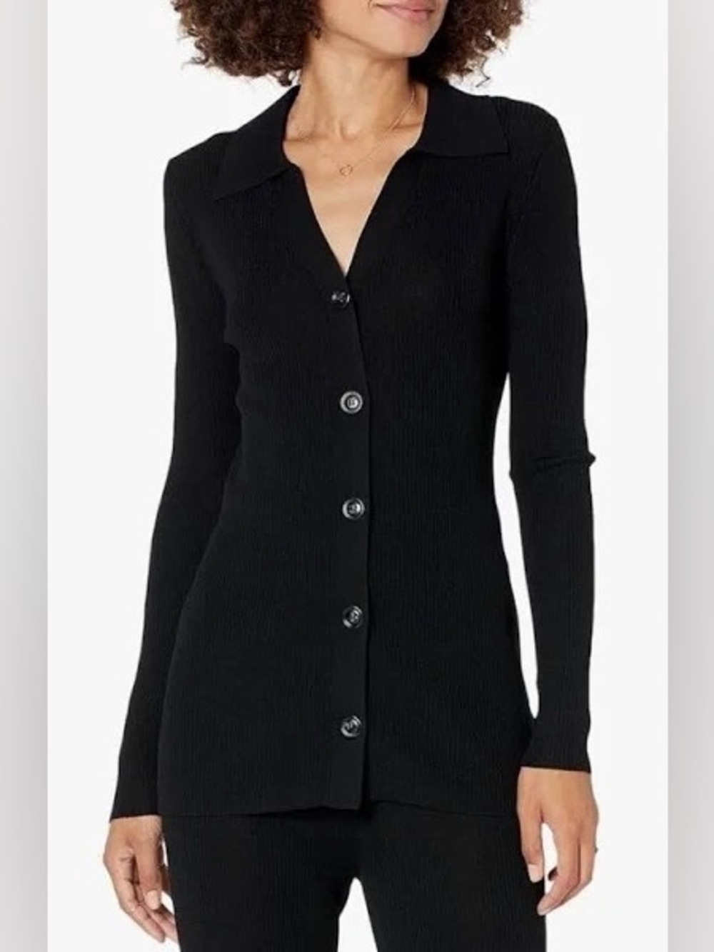 The Drop Constance Rib Button Down Sweater Women’s Medium Black Rib Knit Collar